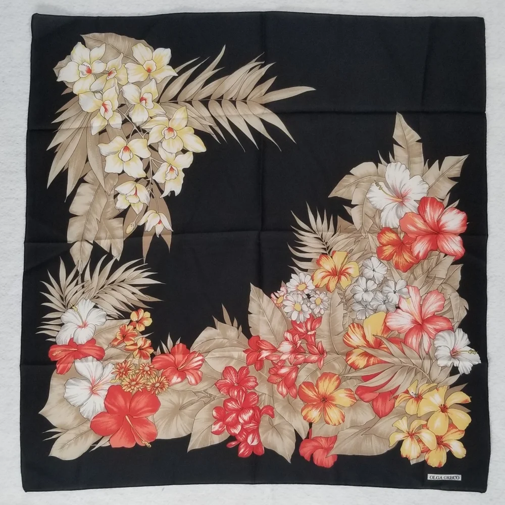 Vintage Olga Greco Tropical Floral Print Black Scarf - Picture 1 of 9